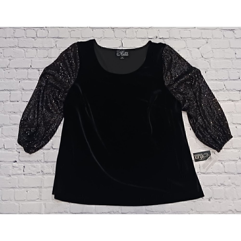 Alex Evenings Womens Sequined Long Sleeve Scoop Neck Party Top Plus/NWT, Size 2X